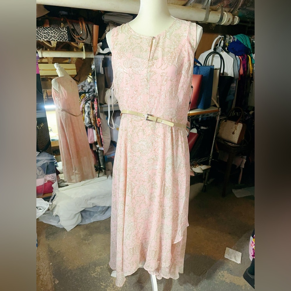 Tommy Hilfiger pink white floral brown belt long dress 2 pieces set sleeveless